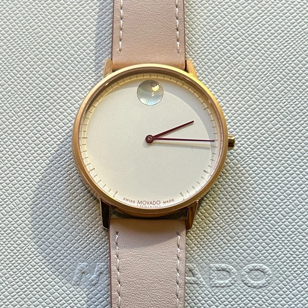 Movado Face Watch With 41mm SilverWhite Face With & Light Pink Leather Band - Picture 2 of 7
